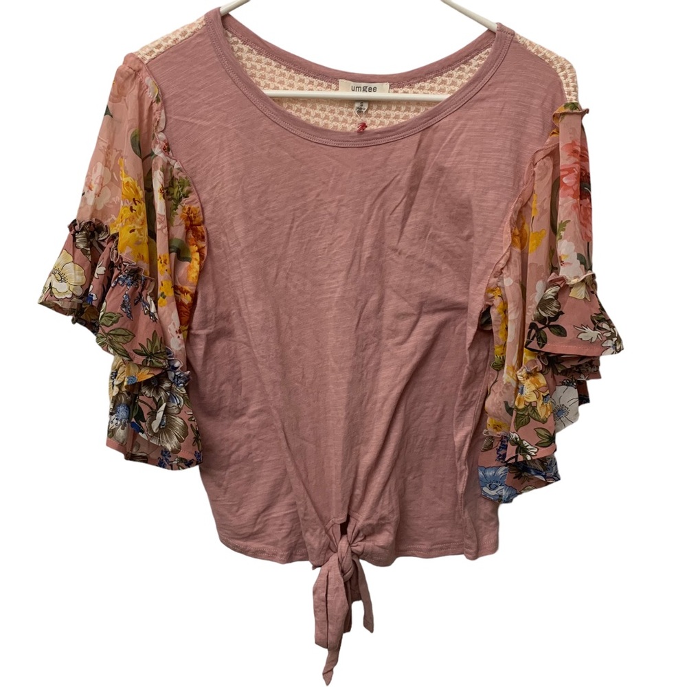 Umgee Boho Floral Ruffle Sleeve Tie Front Top NWT